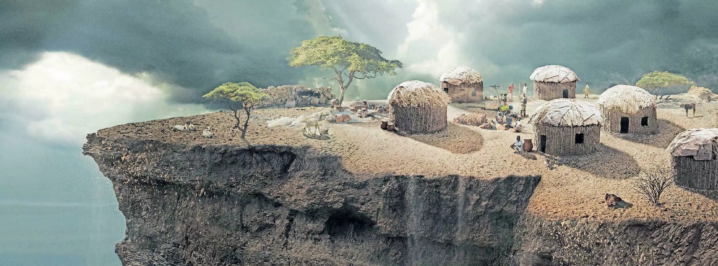 Ein Symbolbild aus ein Werbekampagne von FAIRMED. Darauf ist ein kleines Dorf aus Strohhütten zu sehen, welches extrem abgelegen liegt.