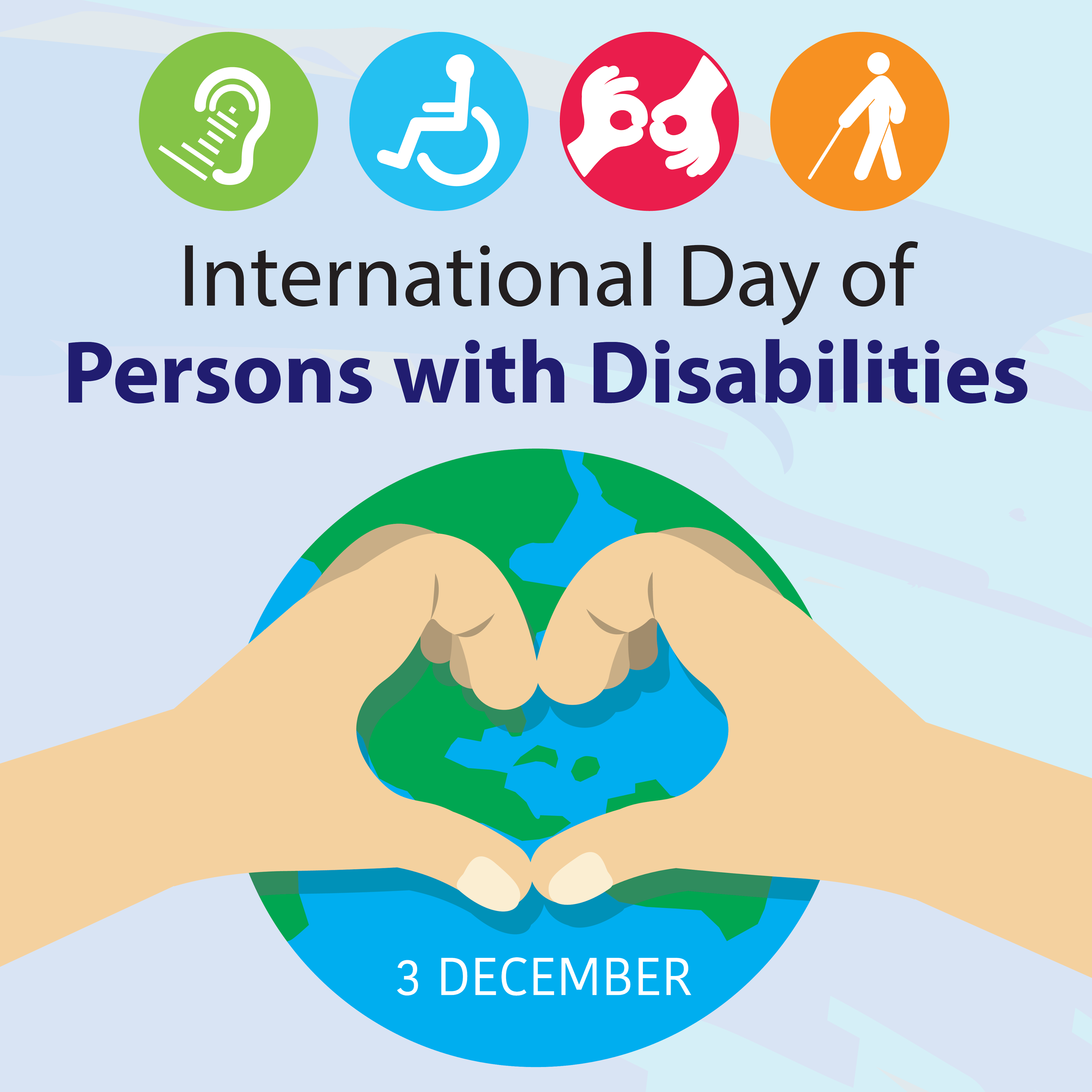 Auf dem Bild ist das Logo für den Internationalen Tag für Menschen mit Behinderungen abgebildet: Es sind zwei Hände, die vor der Weltkugel ein Herz formen.