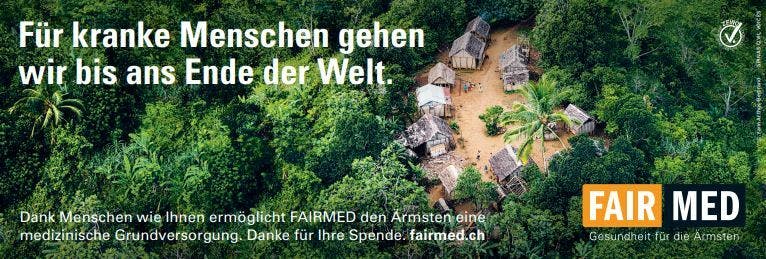 A poster from FAIRMED showing a village in the middle of the jungle from above.